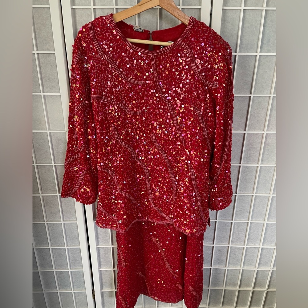 Gunnit Fashions Vintage Skirt Set, 100% cotton, Red Beaded, Medium.
